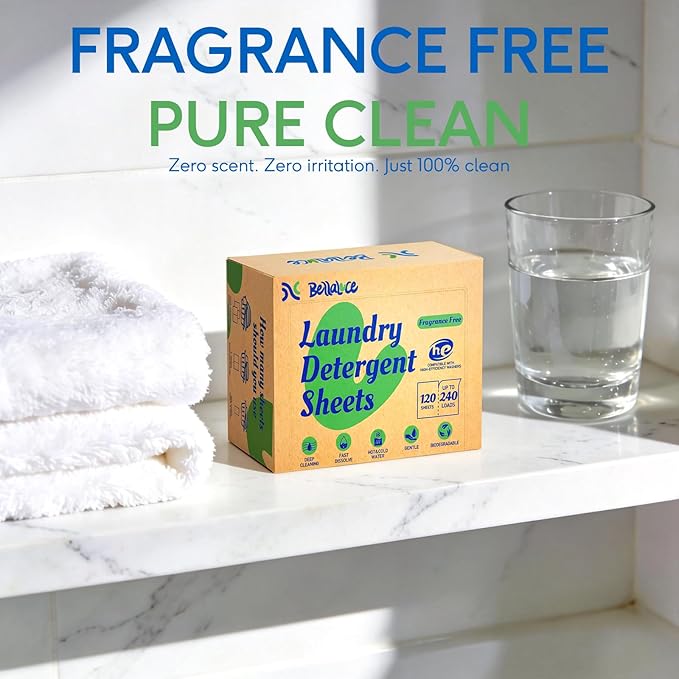 BellaLuce Fragrance Free Laundry Detergent Sheets – 240 Loads Hypoallergenic & Eco-Friendly Laundry Sheets Detergent, Plastic-Free Washer Sheets for Home, Dorm & Apartment