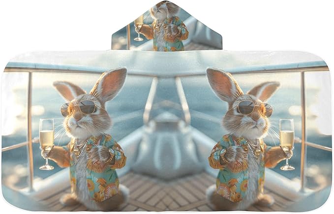 Hooded Towel for Kids Rabbit with Sunglasses Drinking Beach Wrap Bath Towels 50x23.5in
