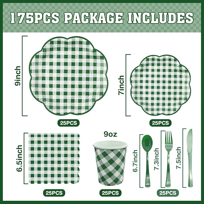 175 Pcs Green Gingham Plates and Napkins Party Supplies - Green and White Checkered Plates Sets Serve 25 Guests - Scalloped Gingham Paper Plate for Picnic BBQ Golf Party Decorations