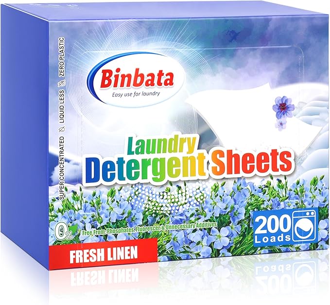 Binbata Laundry Detergent Sheets, 200 Loads Fresh Linen Scent Hypoallergenic Eco-Friendly, Biodegradable Plastic Free Liquidless Laundry Sheets Suitable for Sensitive Skin