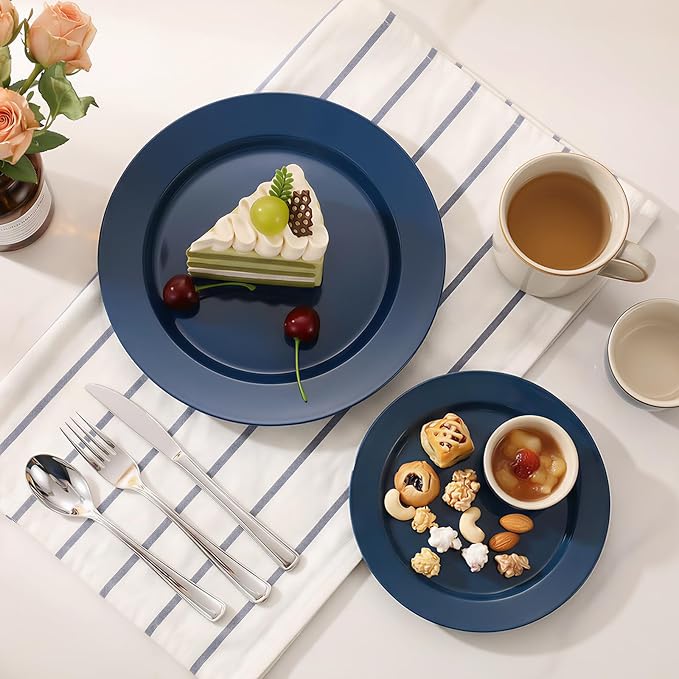 Goodluck 200PCS Navy Blue Plastic Plates, Heavy Duty Disposable Blue Plates with 100 10.25 inch Dinner Plates and 100 7.5 inch Dessert Plates for Party, Holiday, Wedding