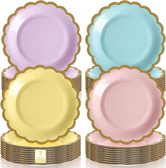 96 Pcs Pastel Paper Plates 7 Inch Easter Scalloped Disposable Dessert Plate for Coquette Bridal Pink Bow Wedding Birthday Baby Shower Party Supplies