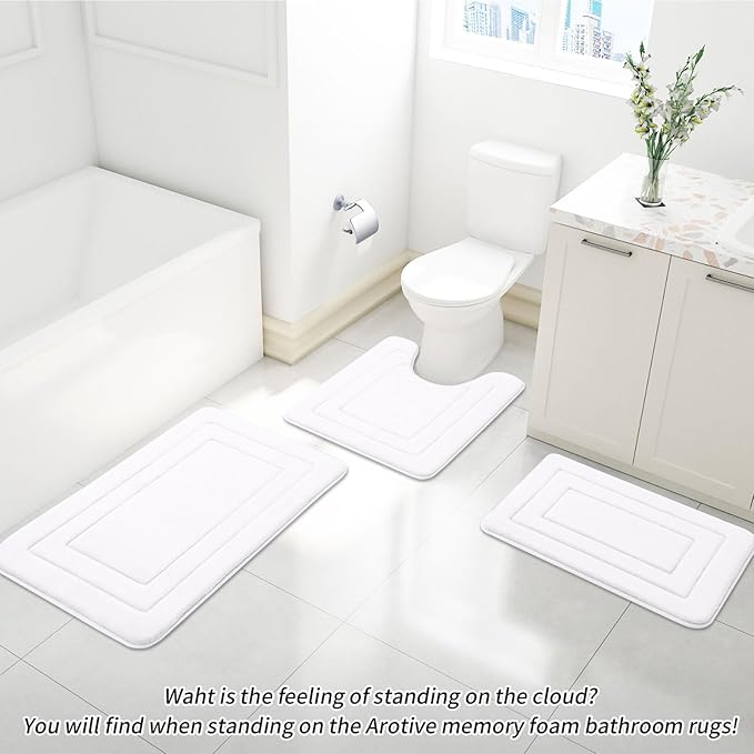 Arotive Memory Foam Bathroom Rug Mat 24x16, Ultra Soft and Absorbent Bath Mat, Machine Wash Dry, Comfortable Bath Rug Carpet for Bathroom Floor, Tub and Shower, White