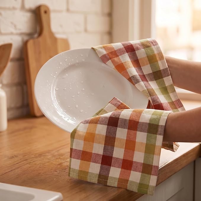 Urban Villa Kitchen Towels 100% Cotton Dish Towels for Kitchen (Set of 6) 20”x30” Dish Cloths Highly Absorbent Kitchen Linen Set with Hanging Loop Perfect for Drying Dishes Cleaning – Harvest Checks
