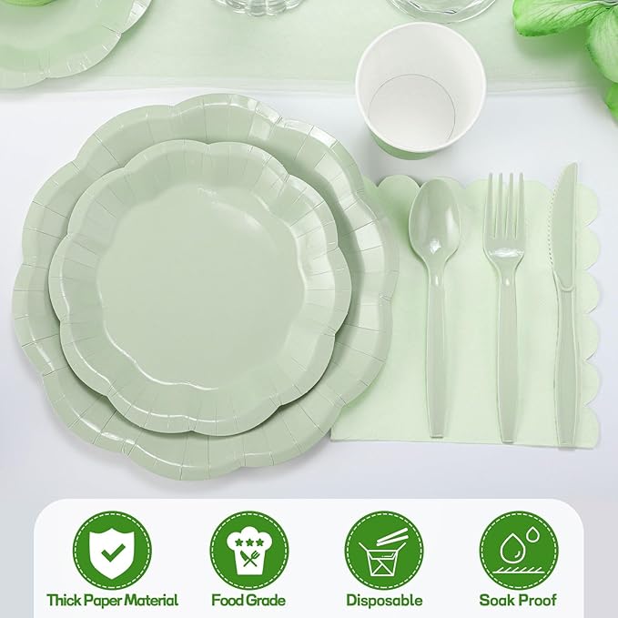 NatNarr 175 Pcs Sage Green Plates and Napkins Set, 25 Guest Sage Green Party Supplies Include Scalloped Paper Plate Napkin Cup Forks Knives Disposable Plastic Cutlery for Wedding Baby Shower Birthday