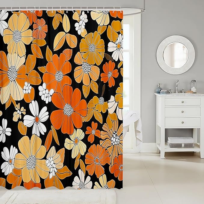 Vintage Groovy Floral Shower Curtain 72"Wx84"L,Retro Hippie Flowers Bathroom Curtain Boho Psychedelic Bath Curtain Natural Garden Botanical Bathroom Decor Set Aesthetic Home Decor for Teen Girls