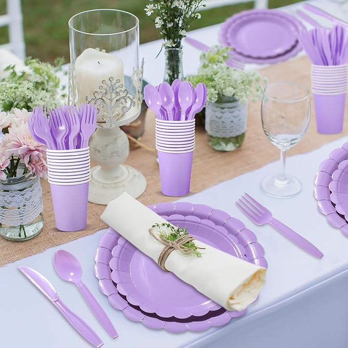 350 Pcs Lavender Paper Plates and Napkins, Light Purple Party Decorations Include Light Purple Scalloped Plate Napkins Cups Plastic Spoon Fork Knive for Girls Birthday, Baby Shower, Wedding