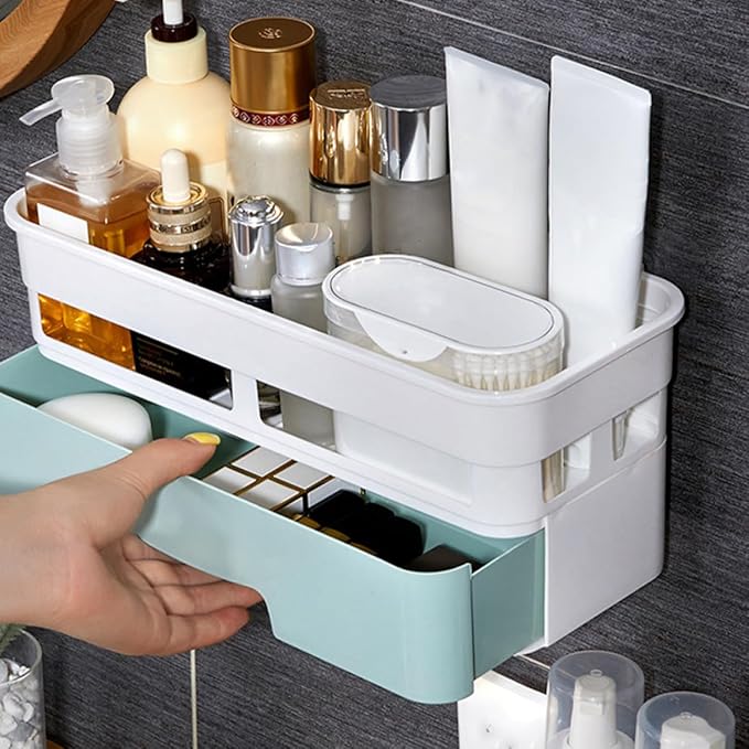 Multifunction Bathroom Organizer with Drawer, Drill-free Removable Shower Storage Rack, Plastic Shower Caddy for Toiletries and Countertop Storage Random Color