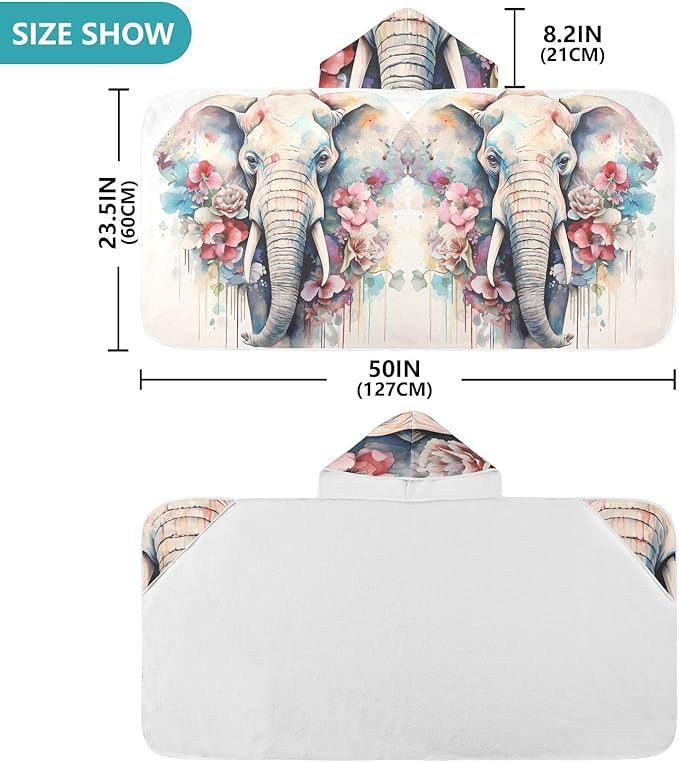 Hooded Towel for Kids Colorful Elephant with Flowers Beach Wrap Bath Towels 50x23.5in
