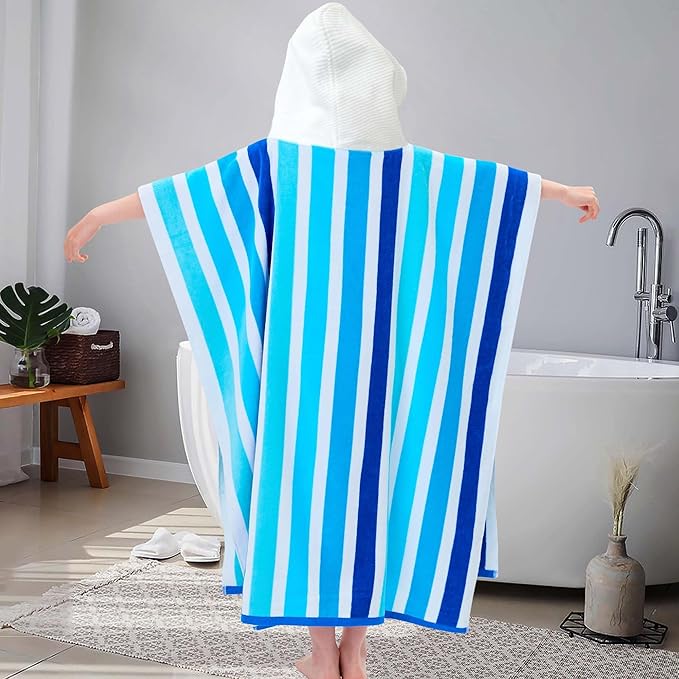 VOOVA & MOVAS Hooded Poncho Towel for Teens Unisex 100% Cotton Fresh Airy Beach Swim Bath Cover Up Blue Two Tone Stripe