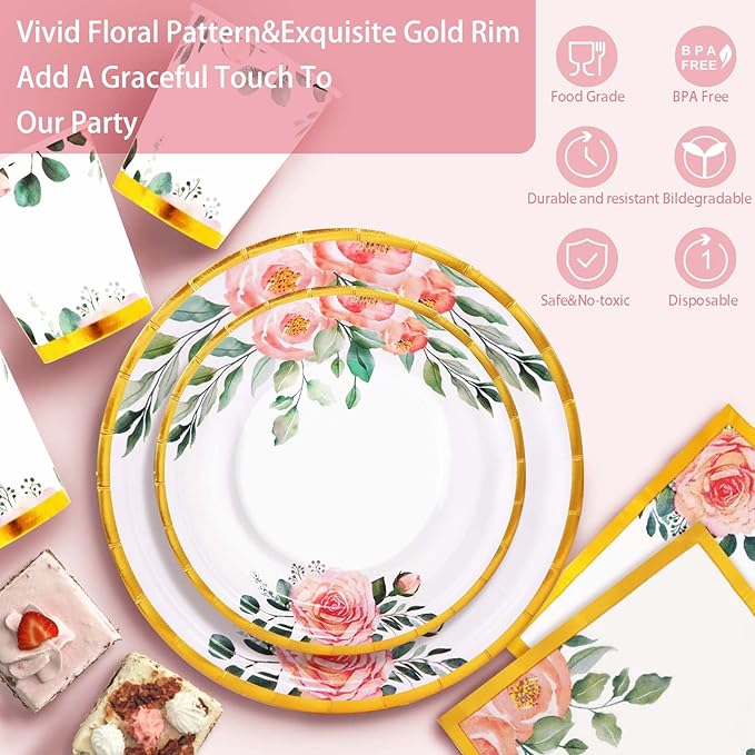 168PCS Floral Plates and Napkins Party Supplies,Vintage Floral Paper Plates Set With Gold Rim Serve 24 Guests,Floral Disposable Plates Tea Party supplies for Adults Bridal Shower Decorations