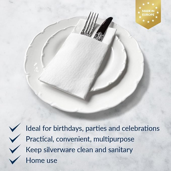 PAW - White Linen Feel Napkins with Built-in Flatware Pocket, Soft and Absorbent Paper Pre-Folded Napkins, Guest Towels, Wedding Party, Dinner, Birthday, Gatherings, 50 Count