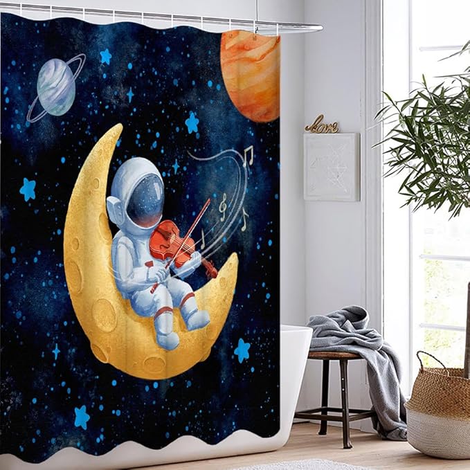 Outer Space Shower Curtain Astronaut Play Guitar Violin Flute Bath Curtain Funny Universe Musician Theme Bathroom Curtain for Kids Boys Bathroom Accessory with Hooks 72x72inch
