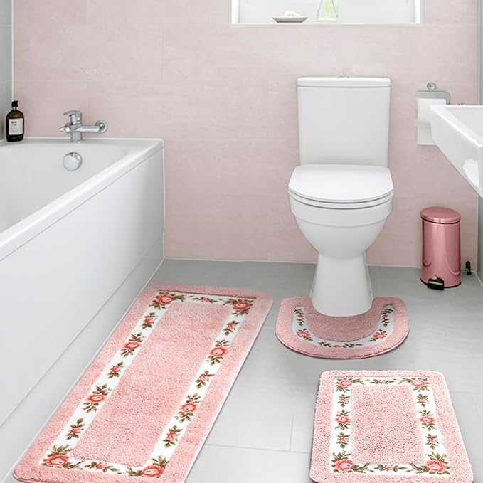 Drydiet 3 Pcs Rose Flowers Bathroom Rugs Set Coquette Room Decor Floral Carpet for Bathroom Bedroom Living Room, Floral Bath Mat Non Skid Romantic Rose Flower Area Rugs 3 Shapes (Pink,Large)