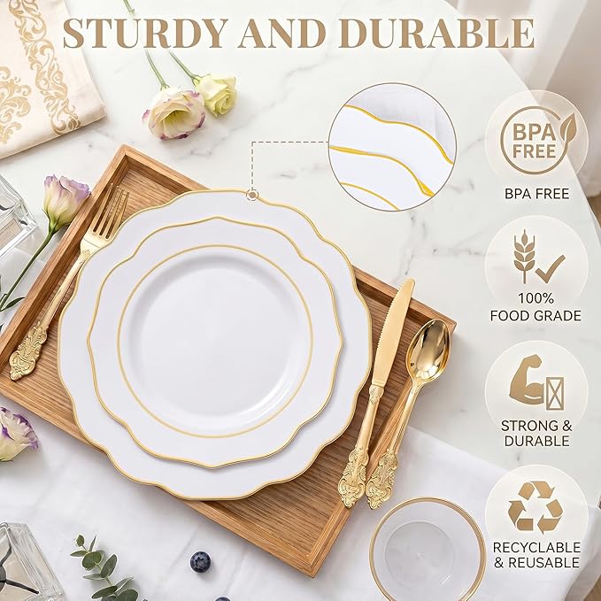 NOCCUR 175PCS Gold Plastic Plates with Disposable Silverware - White Gold Plastic Tableware Include 25 Dinner /25 Dessert Plates, 75 Cutlery, 25 Cups, 25 Napkins - Ideal for Party/Wedding