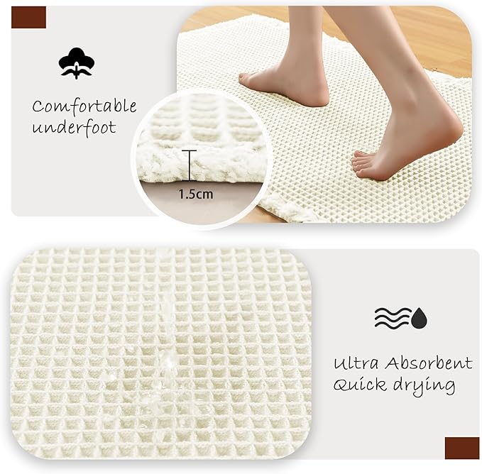DWCN Waffle Bathroom Mat Set, Super Absorbent Non Slip Bath Rug Set for Bathroom Floor, Shower Mats 2 Piece for Tub, Washable Kitchen Rugs for Farmhouse Boho Decor, 20 x 32 Inch, Ivory