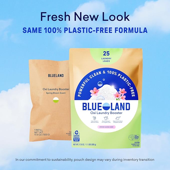 BLUELAND Oxi Laundry Booster Powder with Tin, Starter Set, Spring Bloom Scent, 25 Loads, 17.6 oz, Plastic-Free, Eco Friendly, Oxy Cleaner, Stain Remover