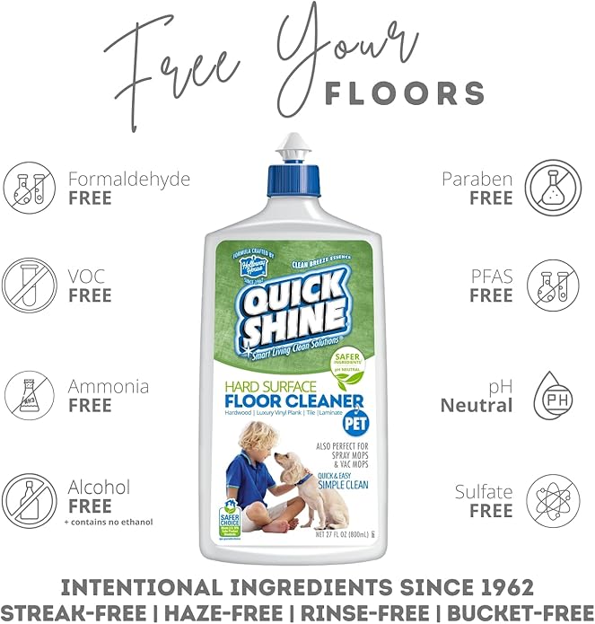 Quick Shine Hard Surface Pet Floor Cleaner 27 oz | Ready to Use, Removes Dirt, Streak Free, No Rinse | Hardwood, Laminate, Luxury Vinyl Plank LVT, & Tile | Safer for Kids, Pets & Our Environment