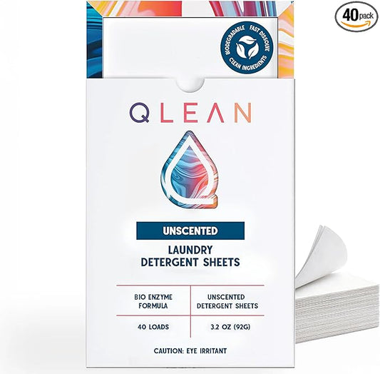 QLEAN Laundry Detergent Sheets Unscented (40 Loads) – Travel-Size Fragrance-Free Plant-Based Biodegradable Sheets, Hypoallergenic for Babies & Sensitive Skin, HE Compatible, Eco Detergent Strips