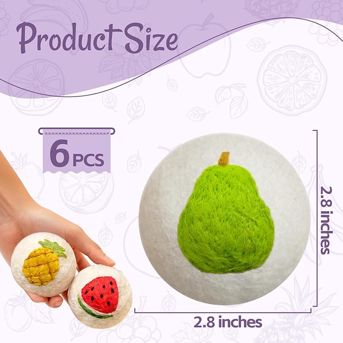 Wool Dryer Balls XL 6 Pack, Reusable Laundry Dryer Balls with Cute Fruit Design, Reduce Drying Time, Soften Clothes, Anti Static, Eco Friendly Dryer Sheets Alternative