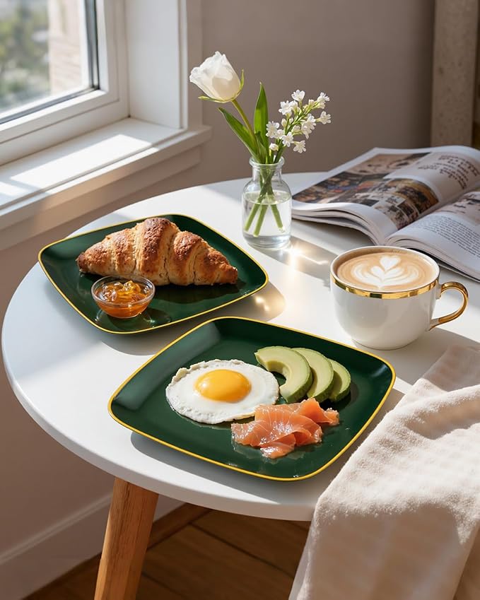 bUCLA 100PCS Green and Gold Plastic Plates - Heavy Duty Square Green Disposable - Include 50 Dinner & 50 Dessert Plates for Party & Christmas