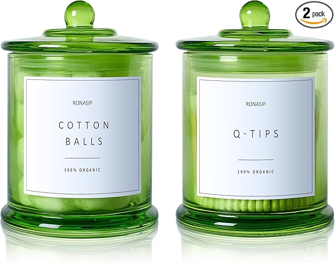Ronasip Qtip Holder & Cotton Pad Dispenser, Bathroom Organizer and Storage Canisters, 16oz Glass Apothecary Jars for Kitchen, Restroom - Home Decor Accessories, Room Decor Aesthetic (2 Pack, Green)