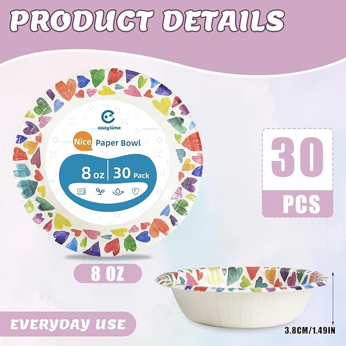 30 Pack Paper Bowls, 8 Oz Disposable Soup Bowl, Heavy Duty Printed Disposable Bowls Bulk For Snacks, Dessert, Breakfast, Lunch And Dinner Meals (Heart Pattern)