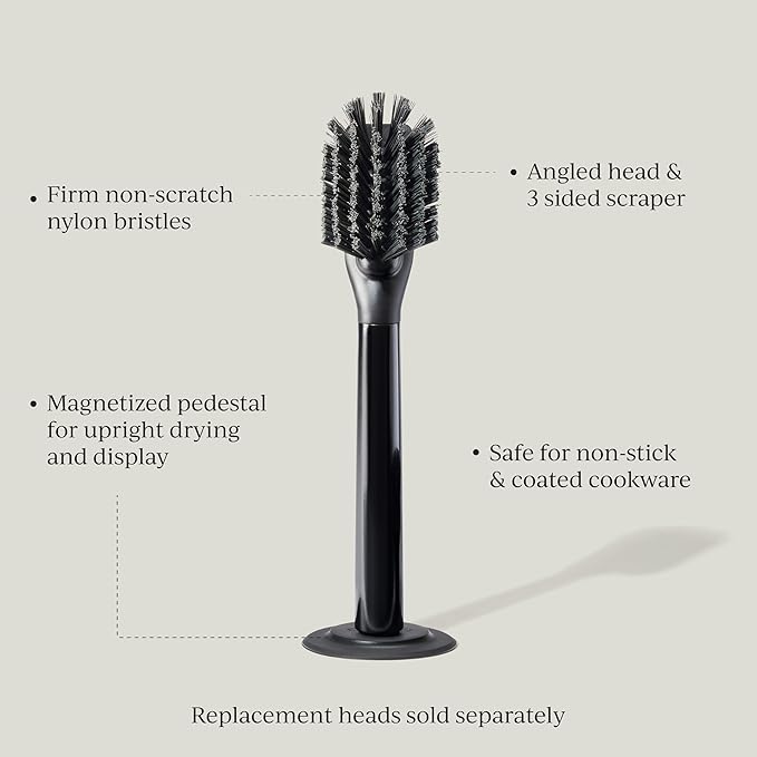 Curio Home Goods Ionic Dish Brush, Magnetized to Stand Upright, Stainless Steel with Replaceable Head, Onyx/Black