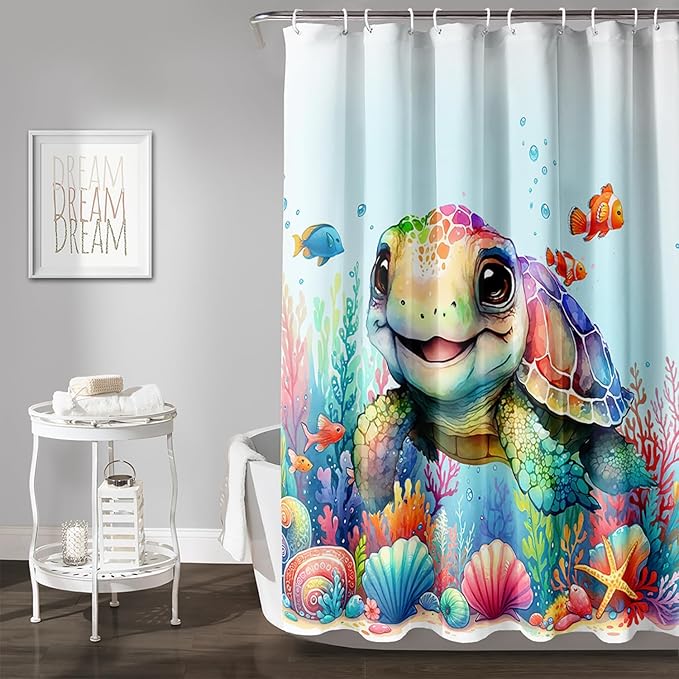 AILONEN Cute Cartoon Sea Turtle Shower Curtain,Kawaii Sea Turtle with Coral Bath Curtain for Kids,Boys,Girls,Ocean Theme Waterproof Fabric Shower Curtain Set with Hooks,60" W*72" H