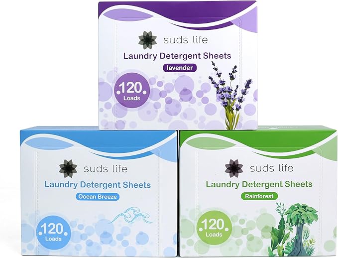 Suds Life Laundry Detergent Sheets (60 Sheets) Ocean Breeze, Lavender, Rainforest - Portable, Concentrated Laundry Detergent (Up to120 Loads) (Ocean Breeze)
