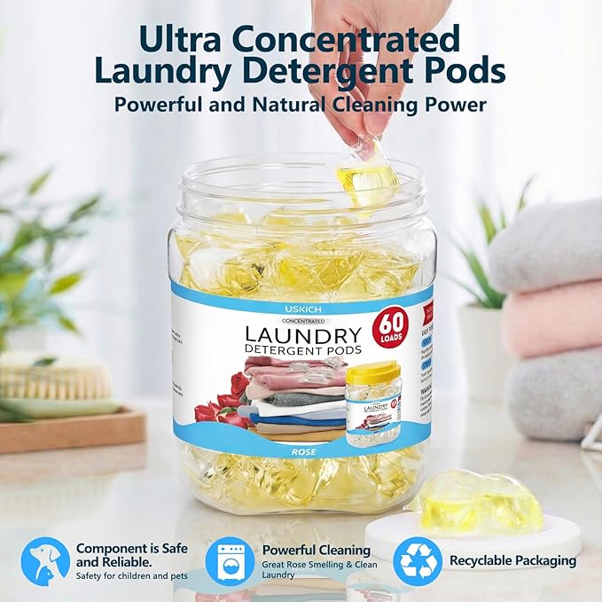 60 Pack Laundry Detergent Pods- 5-in-1 Stain Remover Laundry Soap Pods- Ultra Concentrated,Dissolvable Detergent Pods Bulk for Washing Machines,Rose Scent