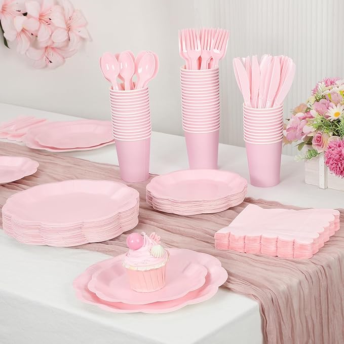 NatNarr 350 Pcs Pink Paper Plates and Napkins Set Include 9" Dinner Plates, 7" Dessert Plate Disposable Scalloped Tableware Serve 50 Guest for Wedding Baby Bridal Shower Birthday