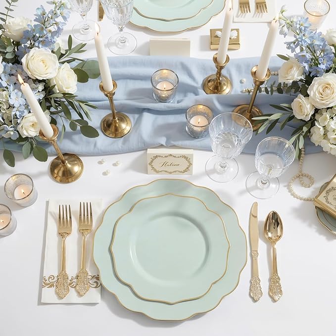 NOCCUR 175PCS Sage Green Plastic Plates with Gold Disposable Silverware - Include 50 Green and Gold Plastic Plates,25 Knives,25 Forks,25 Spoons,25 Cups and 25 Napkins - Mother's Day/Spring Party