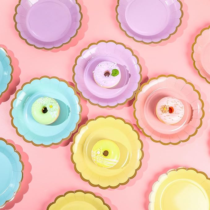 96 Pcs Pastel Paper Plates 7 Inch Easter Scalloped Disposable Dessert Plate for Coquette Bridal Pink Bow Wedding Birthday Baby Shower Party Supplies