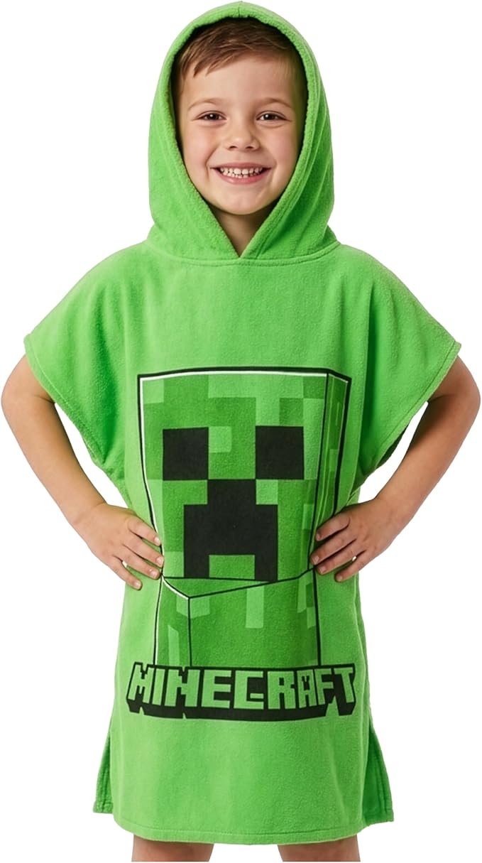 Minecraft Towelling Poncho Kids Teens Hooded Bath Towels Absorbent Beach Towel (Green, 10-13 Years)
