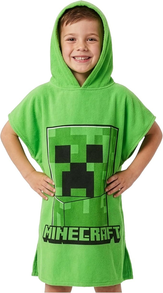 Minecraft Towelling Poncho Kids Teens Hooded Bath Towels Absorbent Beach Towel (Green, 10-13 Years)