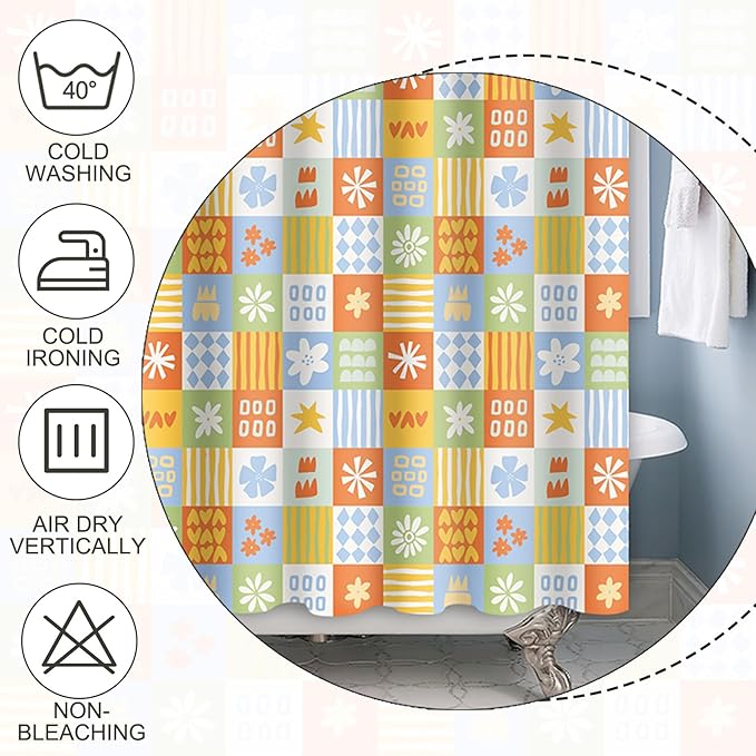 Boho Checkered Floral Shower Curtain Set Multicolored Geometric Flower Print Shower Curtains for Bathroom Waterproof Fabric Bathtub Decorations with Hooks 84x72 Inches
