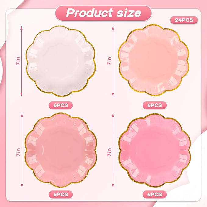 AimFun 24 Pcs Pink Party Plates Mothers Day Gradient Pink Dessert Paper Plates 7inch Gold Foil Scalloped Edge Disposable Cake Plates for Christmas Birthday Bridal Baby Shower Party Supplies