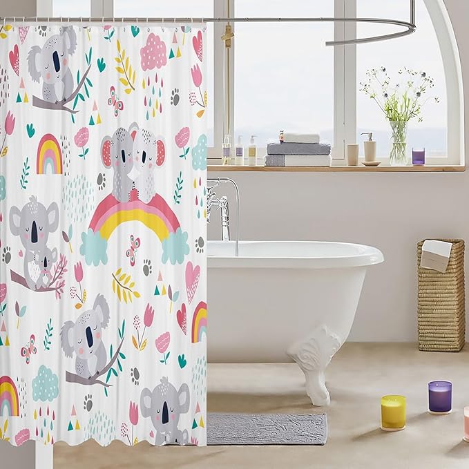Kids Cute Koala Waterproof Shower Curtains Cartoon Animal Rainbow Fabric Bathroom Shower Curtain Boys Girls Floral Flowers Shower Curtain with Hooks Toddler Colorful Lovely Curtain,72x78 Inches