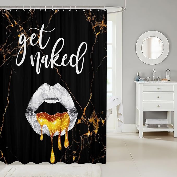 Luxury Black Gold Marble Bathroom Curtains Boys Girls Sexy Lips Shower Curtain For Kids Women Men Get Naked Soft Bath Curtain Funny Quotes Waterproof Bathroom Accessories 72x84 Inch Bedroom Decor