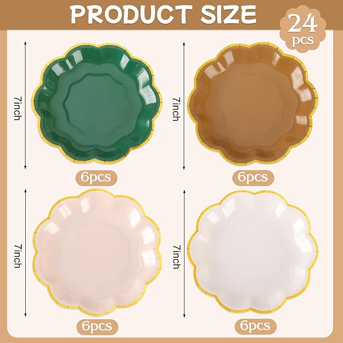 AimFun 24Pcs Woodland Scalloped Party Plates 7 Inch Sage Green Brown Disposable Dessert Plates Gold Foil Border Paper Plates for Birthday Baby Shower Wedding Forest Themed Party Supplies