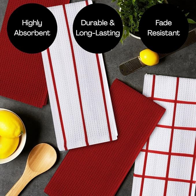 Assorted Waffle Kitchen Dish Towels Cotton Set of 6, Soft Absorbent Quick Drying Table and Kitchen Linen, Tea Towels and Cleaning Towels with Hanging Loop, Dish Towels 15x25 Red