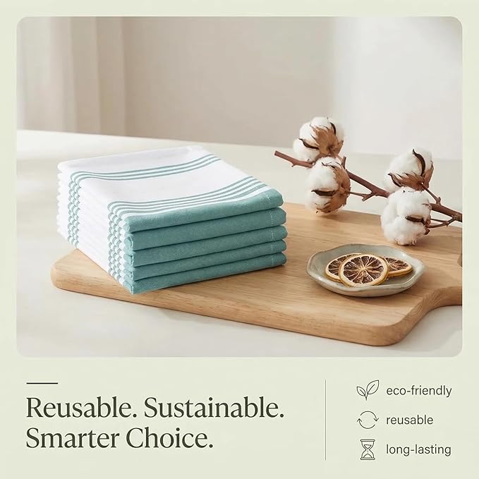 Urban Villa Kitchen Towels 100% Cotton Dish Towels for Kitchen (Set of 6) 20”x30” Dish Cloths Highly Absorbent Kitchen Linen Set with Hanging Loop Perfect for Drying Dishes Cleaning Towels-Aqua White