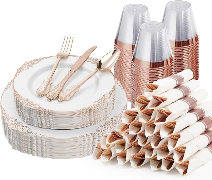 Bestluck 175PCS Rose Gold Plastic Plates for 25 Guests, Disposable Dinnerware Sets Include 50 Rose Gold Rim Plastic Plates, 25 Silverwares and 25 Cups, 25 Pre Rolled Napkins for Party, Graduation