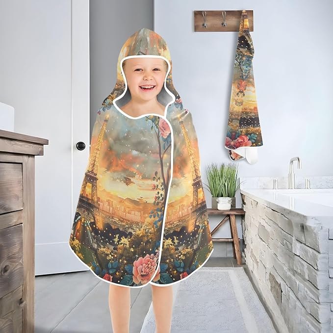 Hooded Towel for Kids Iron Tower Backdrop Beach Wrap Bath Towels 50x23.5in