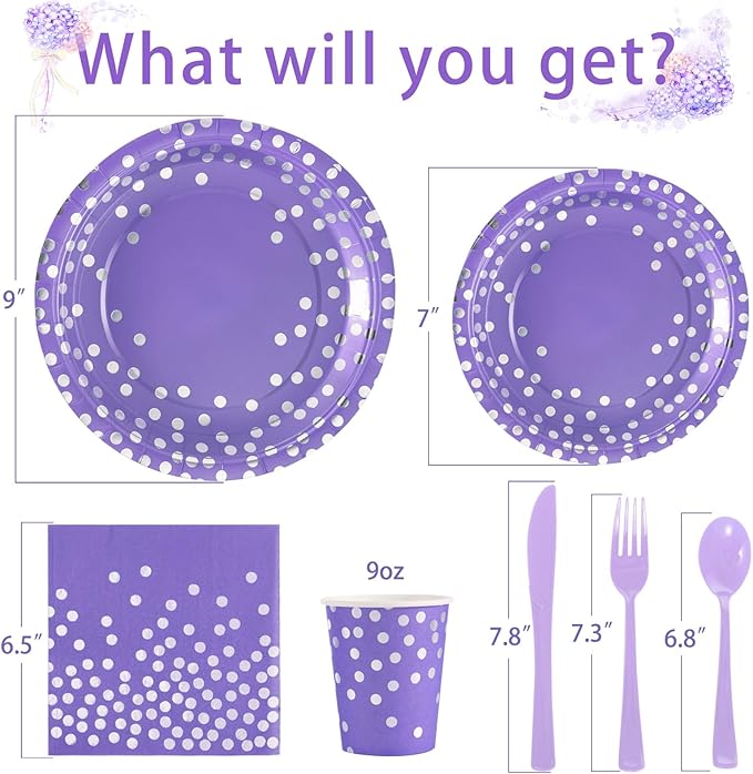 Purple Party Decorations, 168Pcs Purple Plates and Napkins Party Supplies, Lavender Birthday Plates Serves 24, Birthday Decorations for Mardi Gras, Graduation, Mothers Day
