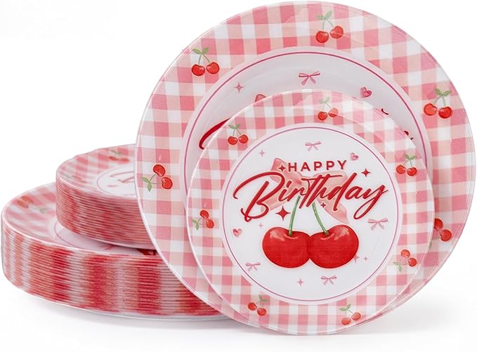 Liacere 32PCS Cherry Birthday Party Plastic Plates for 16 Guests - Includes 10 Inch Dinner and 7 Inch Dessert Disposable Plates - Red Gingham & Cherry Pattern - Ideal for Birthday Party