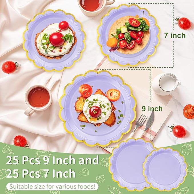 50 Pcs Light Purple Paper Plates, 25 Pcs 9" and 25 Pcs 7" Disposable Light Purple Scalloped Plates with Gold Foil for Graduation Wedding Baby Shower Birthday Party Picnic BBQ