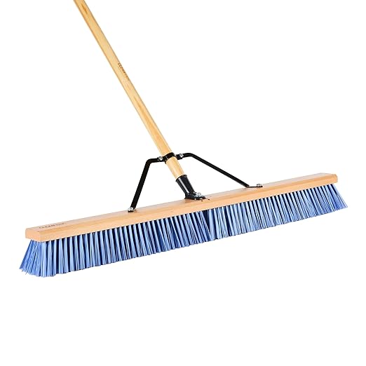 Restaurantware-Clean Tek Professional 36 Inch Push Broom, 1 Heavy-Duty Broom with 60” Handle - Medium Plastic Bristles, Durable, Wooden, Commercial Use, for Deck, Driveway, Garage, Yard, Patio