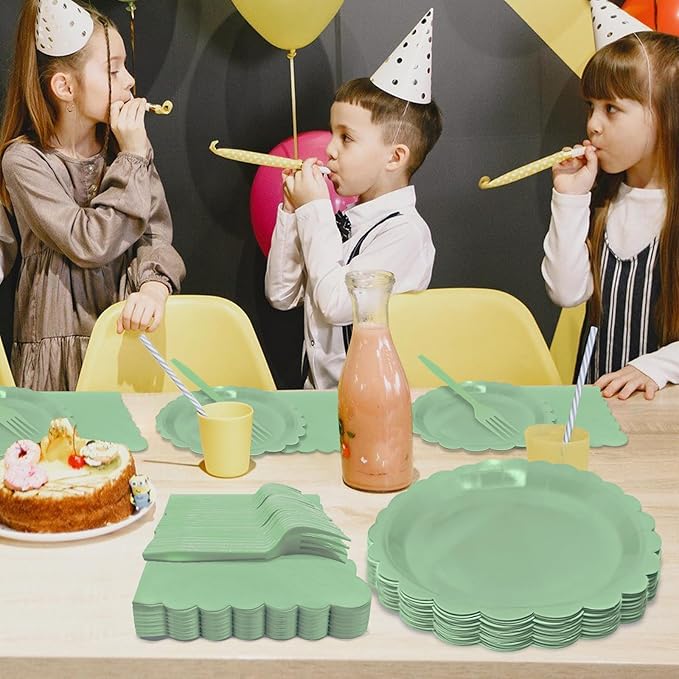 Sage Green Paper Plates and Napkins,7 Inch Sage Green Scalloped Disposable Dessert Plates Paper Napkin Fork Party Supplies for Wedding Baby Shower Birthday(25 Guest)